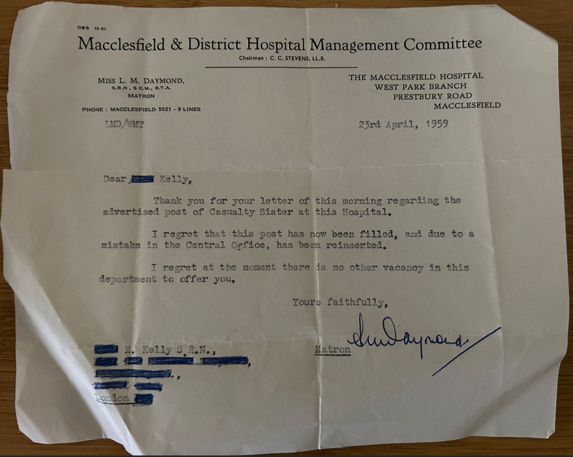 M&DHMC to Nurse Kelly - page 1 of 1 - 23 Apr 1959