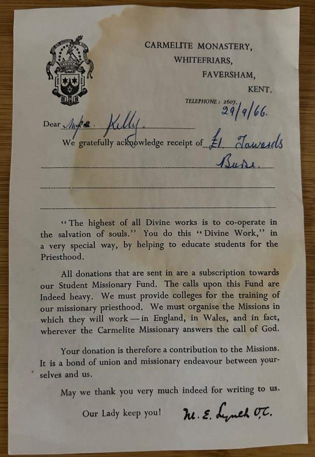 Letter receipt from Carmelite Monastery - page 1 of 1 - 29 Sep 1966